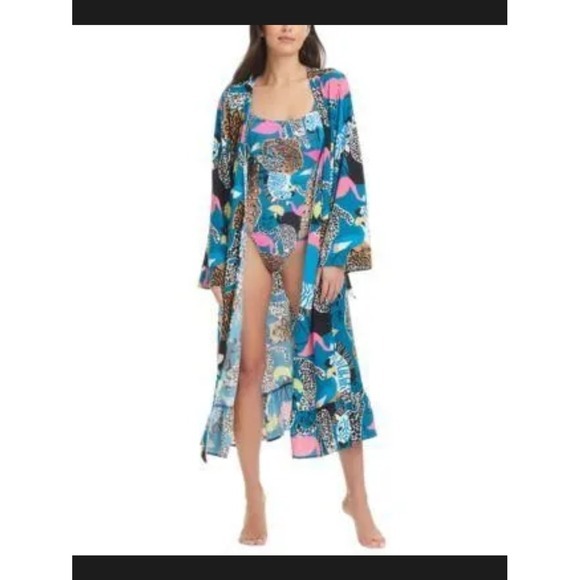 Red Carter Indigo Dye Multi Floral Long Tie-Waist Beach Robe Cover-Up - Xl - $16